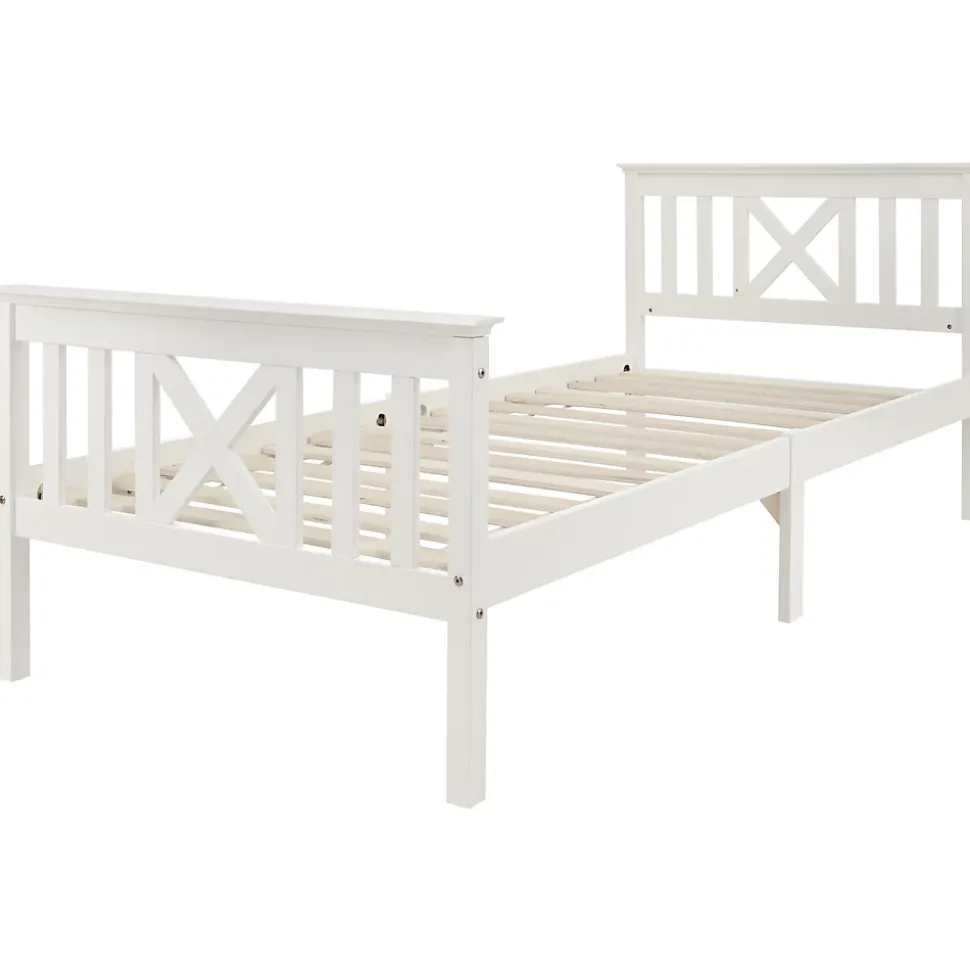 Lit Simple 90 x 200 Cm - Lit Classique avec Sommier à Lattes et Tête de Lit - Pin Massif, MDF - Sans Matelas - Blanc