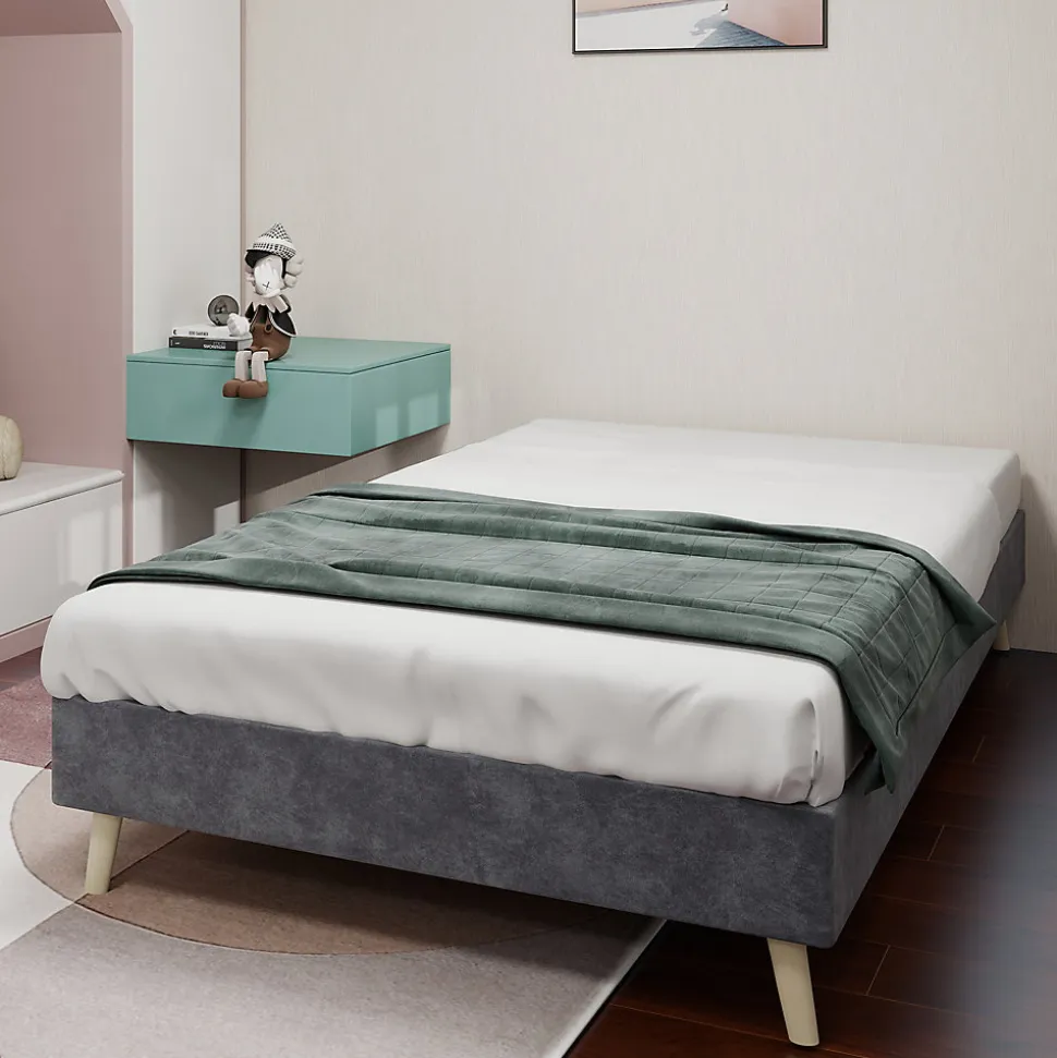 Lit Simple Adulte 90x200 cm - Lit Bas Sans Tête de Lit, Sans Matelas, Moderne et Minimaliste, Velours Gris