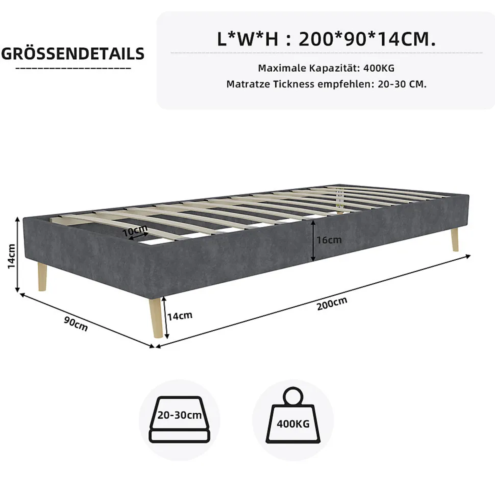Lit Simple Adulte 90x200 cm - Lit Bas Sans Tête de Lit, Sans Matelas, Moderne et Minimaliste, Velours Gris