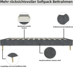 Lit Simple Adulte 90x200 cm - Lit Bas Sans Tête de Lit, Sans Matelas, Moderne et Minimaliste, Velours Gris