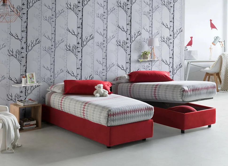 Lit simple Ava, Lit coffre avec revêtement en tissu, 100% Made in Italy, Ouverture frontale, adapté pour matelas 80x200 cm, Rouge
