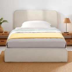 Lit simple BELARTI 90 x 190 cm rembourré, revêtement en tissu - Blanc crème