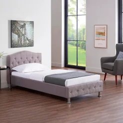 Lit simple BIARRITZ, 90 x 190 cm, capitonné avec sommier, revêtement en tissu gris