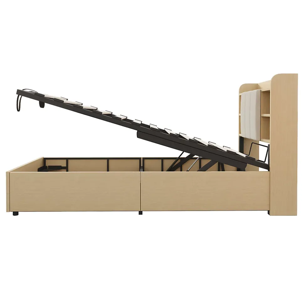 Lit simple bois 90 par 200 cm avec tete de lit rangement prise USB et Type C systeme hydraulique sans matelas