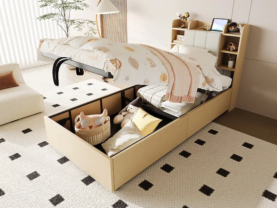 Lit simple bois 90 par 200 cm avec tete de lit rangement prise USB et Type C systeme hydraulique sans matelas