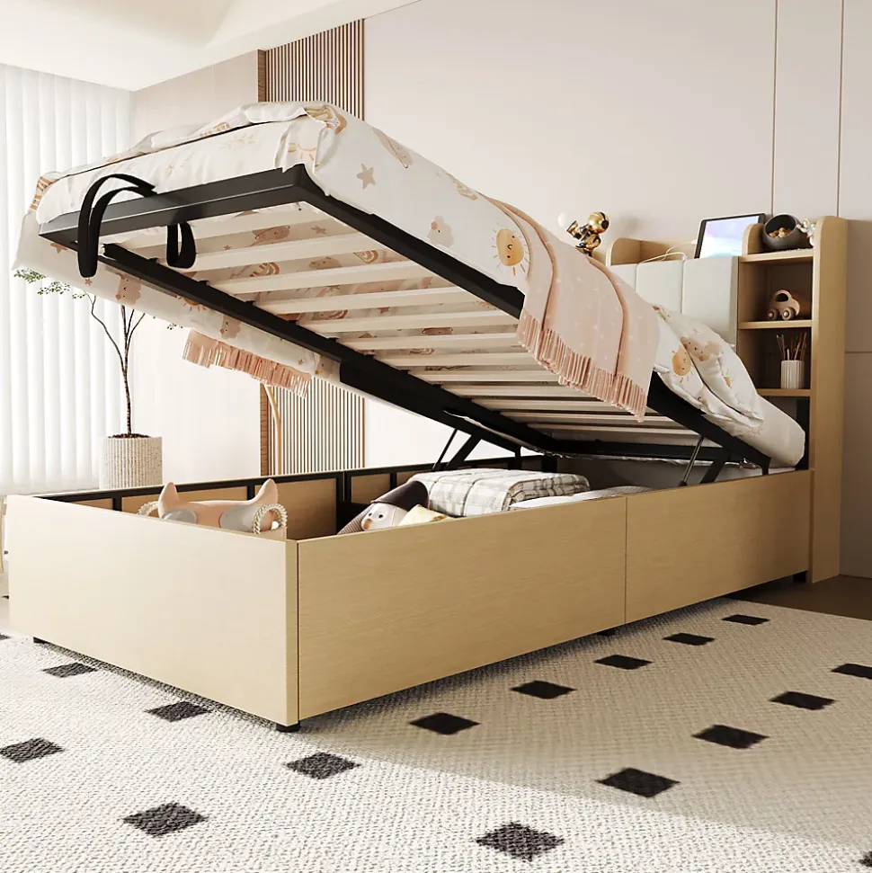 Lit simple bois 90 par 200 cm avec tete de lit rangement prise USB et Type C systeme hydraulique sans matelas