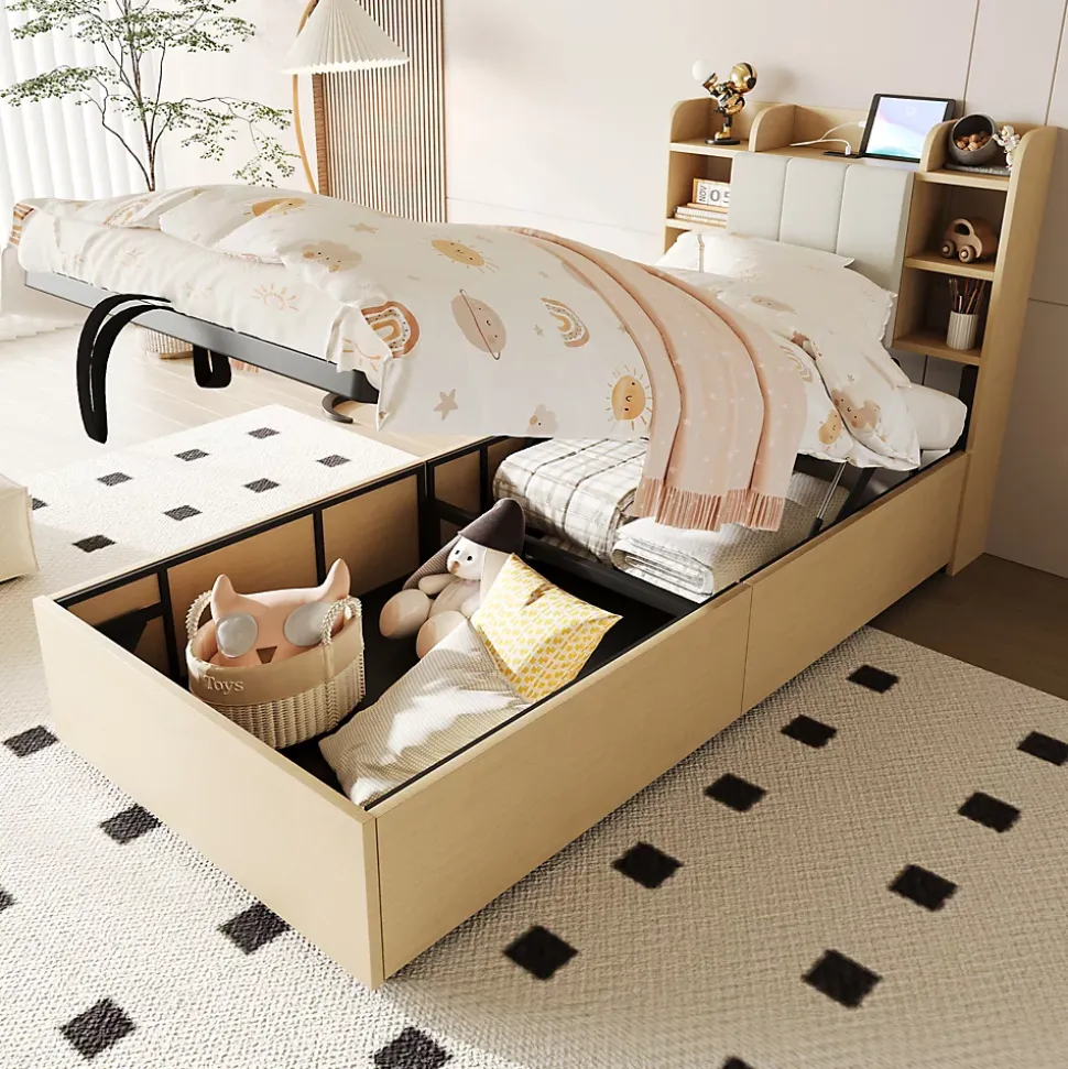 Lit simple bois 90 par 200 cm avec tete de lit rangement prise USB et Type C systeme hydraulique sans matelas