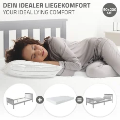 Lit simple bois de pin gris clair d'adolescents avec sommier à lattes 200x90 cm