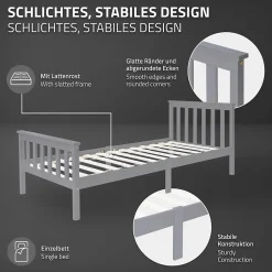 Lit simple bois de pin gris clair d'adolescents avec sommier à lattes 200x90 cm
