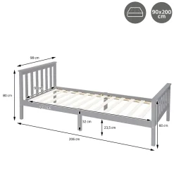 Lit simple bois de pin gris clair d'adolescents avec sommier à lattes 200x90 cm