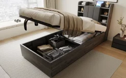 Lit simple bois gris 90 par 200 cm avec tete de lit rangement prise USB et Type C systeme hydraulique sans matelas