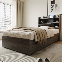 Lit simple bois gris 90 par 200 cm avec tete de lit rangement prise USB et Type C systeme hydraulique sans matelas