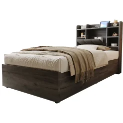 Lit simple bois gris 90 par 200 cm avec tete de lit rangement prise USB et Type C systeme hydraulique sans matelas