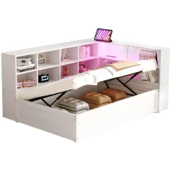 Lit simple bois massif blanc 90 par 200 cm avec rangements prises lumineuse et systeme hydraulique