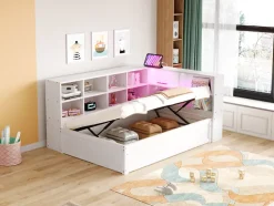 Lit simple bois massif blanc 90 par 200 cm avec rangements prises lumineuse et systeme hydraulique