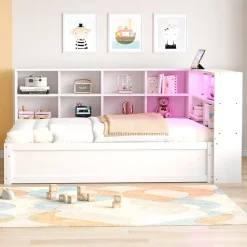 Lit simple bois massif blanc 90 par 200 cm avec rangements prises lumineuse et systeme hydraulique