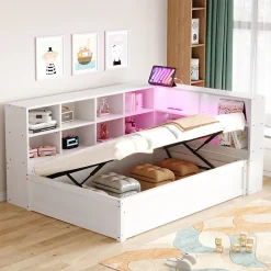 Lit simple bois massif blanc 90 par 200 cm avec rangements prises lumineuse et systeme hydraulique