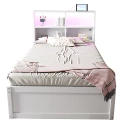 Lit simple bois massif blanc avec rangements prise lumiere LED et systeme hydraulique