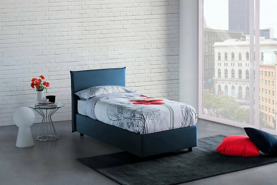 Lit simple Bruna, Lit coffre avec revêtement en tissu, 100% Made in Italy, Ouverture frontale, adapté pour matelas 80x190 cm, Bleu