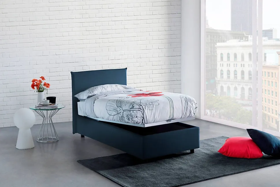 Lit simple Bruna, Lit coffre avec revêtement en tissu, 100% Made in Italy, Ouverture frontale, adapté pour matelas 80x190 cm, Bleu