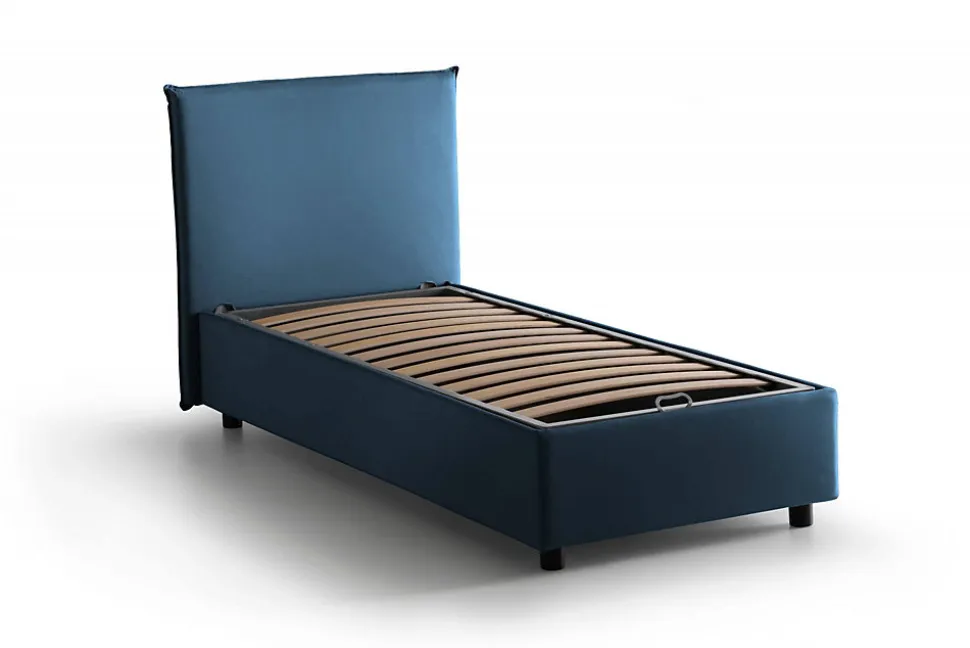 Lit simple Bruna, Lit coffre avec revêtement en tissu, 100% Made in Italy, Ouverture frontale, adapté pour matelas 80x190 cm, Bleu