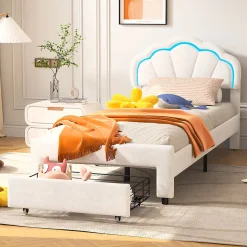 Lit simple capitonné 90x200 cm avec tiroirs, sommier à lattes, velours, bande lumineuse LED - Blanc