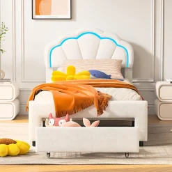 Lit simple capitonné 90x200 cm avec tiroirs, sommier à lattes, velours, bande lumineuse LED - Blanc