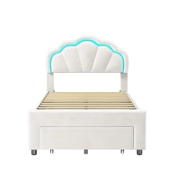 Lit simple capitonné 90x200 cm avec tiroirs, sommier à lattes, velours, bande lumineuse LED - Blanc