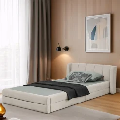 Lit Simple Capitonné 90x200 cm - avec Dossier Confortable, Revêtement en Chenille Doux, Couleur Beige - Sans Matelas