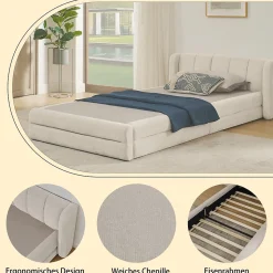 Lit Simple Capitonné 90x200 cm - avec Dossier Confortable, Revêtement en Chenille Doux, Couleur Beige - Sans Matelas