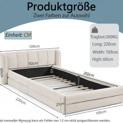 Lit Simple Capitonné 90x200 cm - avec Dossier Confortable, Revêtement en Chenille Doux, Couleur Beige - Sans Matelas