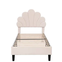 Lit simple capitonnés 90 x 200 cm, tête de lit en forme de fleur, sommier à lattes, velours, Beige