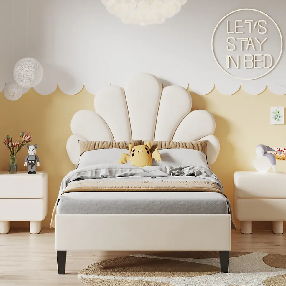 Lit simple capitonnés 90 x 200 cm - tête de lit en forme de fleur - sommier à lattes - velours - Beige