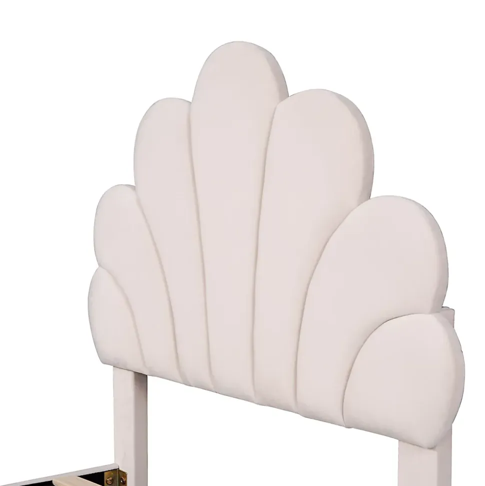 Lit simple capitonnés 90 x 200 cm - tête de lit en forme de fleur - sommier à lattes - velours - Beige