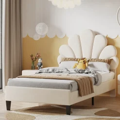 Lit simple capitonnés 90 x 200 cm - tête de lit en forme de fleur - sommier à lattes - velours - Beige