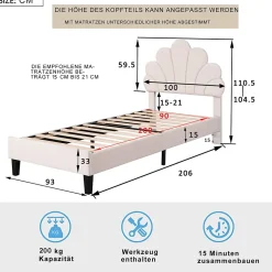 Lit simple capitonnés 90 x 200 cm - tête de lit en forme de fleur - sommier à lattes - velours - Beige