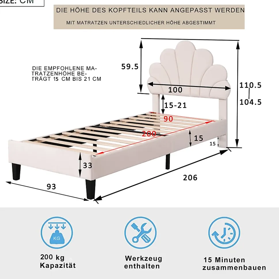 Lit simple capitonnés 90 x 200 cm - tête de lit en forme de fleur - sommier à lattes - velours - Beige