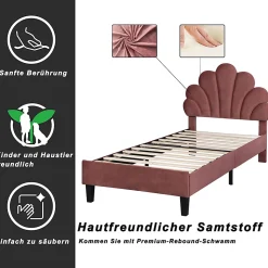 Lit simple capitonnés 90 x 200 cm, tête de lit en forme de fleur, sommier à lattes, velours, Rouge