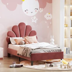 Lit simple capitonnés 90 x 200 cm, tête de lit en forme de fleur, sommier à lattes, velours, Rouge