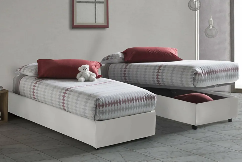 Lit simple Dalfan, Lit coffre avec revêtement en similcuir, Ouverture frontale, avec matelas 80x200 cm inclus, Blanc