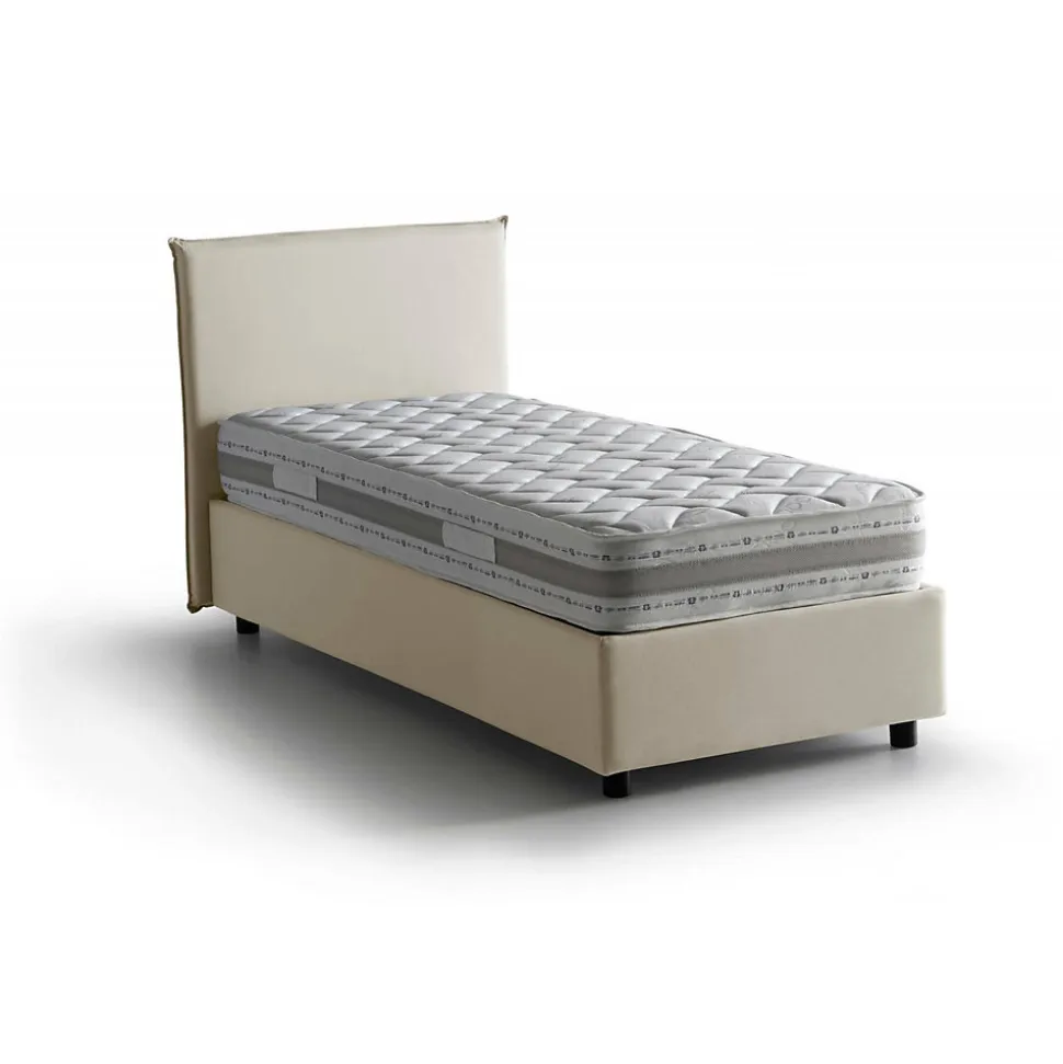 Lit simple Daquin, Lit coffre avec revêtement en tissu, Ouverture frontale, avec matelas 80x190 cm inclus, Beige