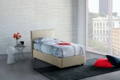 Lit simple Daquin, Lit coffre avec revêtement en tissu, Ouverture frontale, avec matelas 80x190 cm inclus, Beige