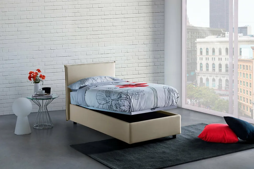 Lit simple Daquin, Lit coffre avec revêtement en tissu, Ouverture frontale, avec matelas 80x190 cm inclus, Beige