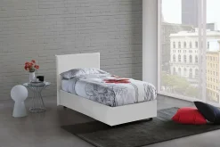 Lit simple Dargill, Lit coffre avec revêtement en similcuir, Ouverture latérale, avec matelas 80x190 cm inclus, Blanc