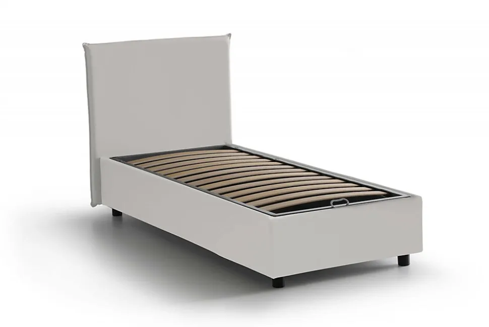 Lit simple Dargill, Lit coffre avec revêtement en similcuir, Ouverture latérale, avec matelas 80x190 cm inclus, Blanc