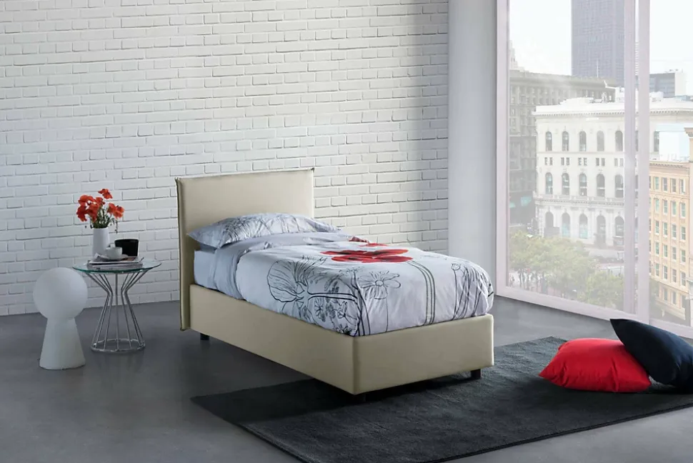 Lit simple Darut, Lit coffre avec revêtement en tissu, Ouverture latérale, adapté pour matelas 80x190 cm, Beige