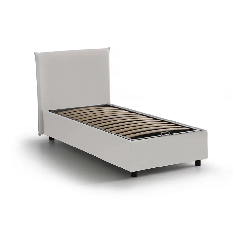 Lit simple Day, Lit coffre avec revêtement en similcuir, Ouverture frontale, adapté pour matelas 80x200 cm, Blanc