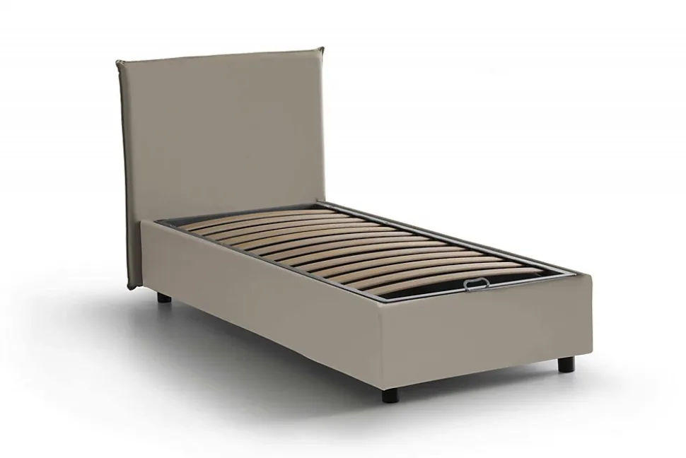 Lit simple Dbabb, Lit coffre avec revêtement en similcuir, Ouverture frontale, avec matelas 80x200 cm inclus, Taupe