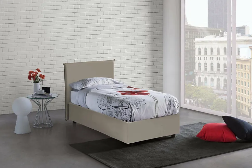 Lit simple Dbabb, Lit coffre avec revêtement en similcuir, Ouverture frontale, avec matelas 80x200 cm inclus, Taupe