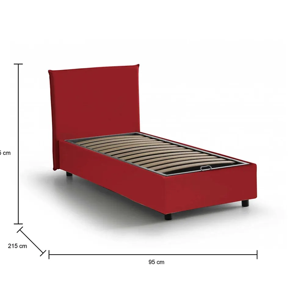 Lit simple Dbacchi, Lit coffre avec revêtement en tissu, Ouverture frontale, adapté pour matelas 80x200 cm, Rouge